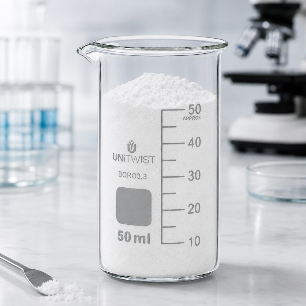 Doorzichtig bekerglas van 50 ml, hoog model, borosilicaat, UNITWIST, met korrelvormige inhoud