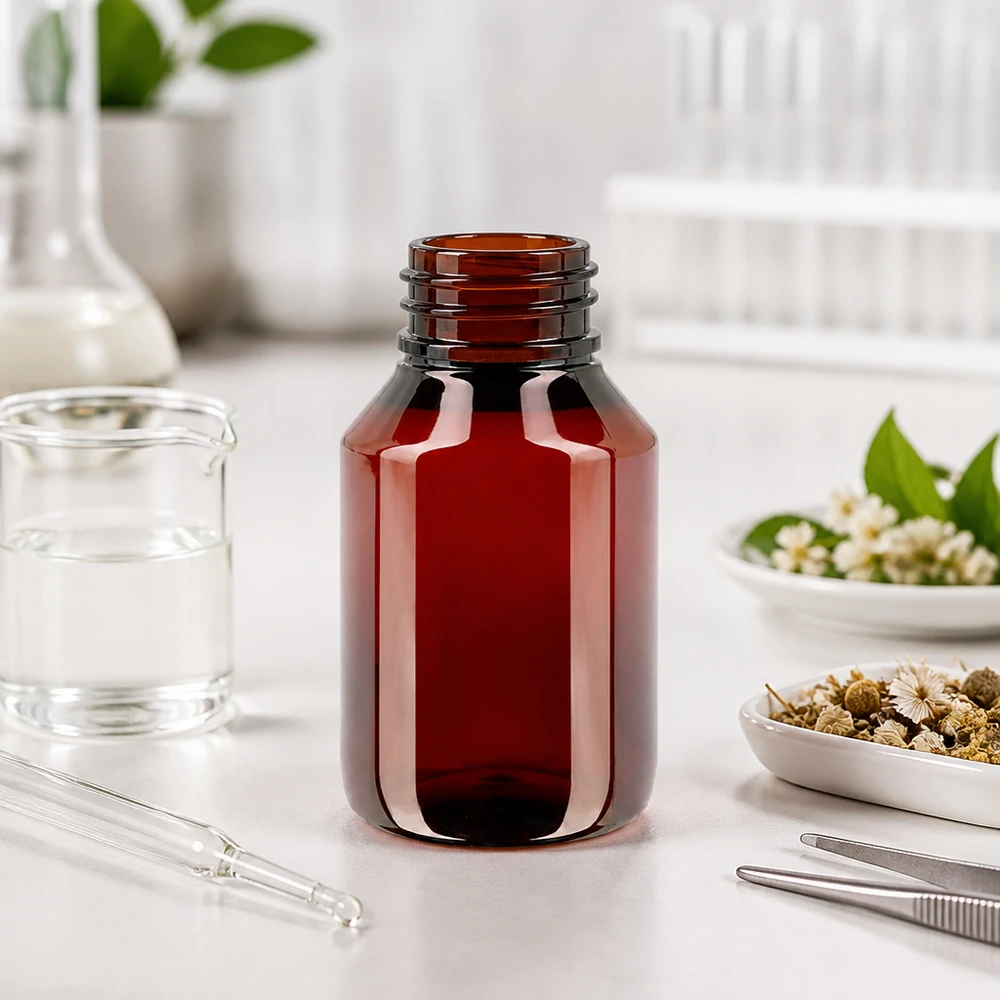 50 ml PET medicijnfles met verstuiver zwart GCMI 28/410 incl. dop transparant, standaard Schlanke braune 50ml PET Flasche mit gerilltem OV Verschluss für Naturheilmittel und Extrakte