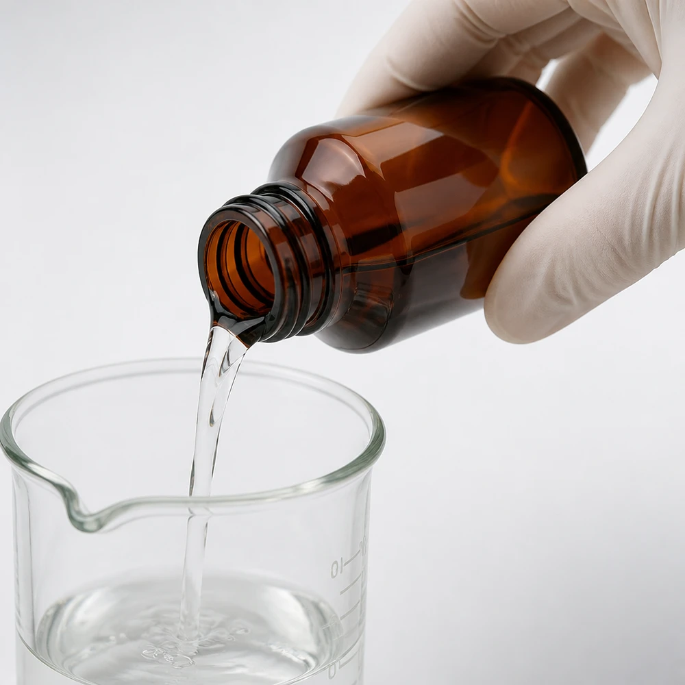 Een witte latexhandschoen doseert een transparante vloeistof uit een bruine glazen fles in een maatbeker