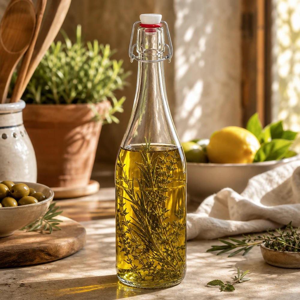 750ml glazen fles met zwenktop gevuld met kruidenolie Toepassing voorbeeld Keuken Mediterraan decoratief
