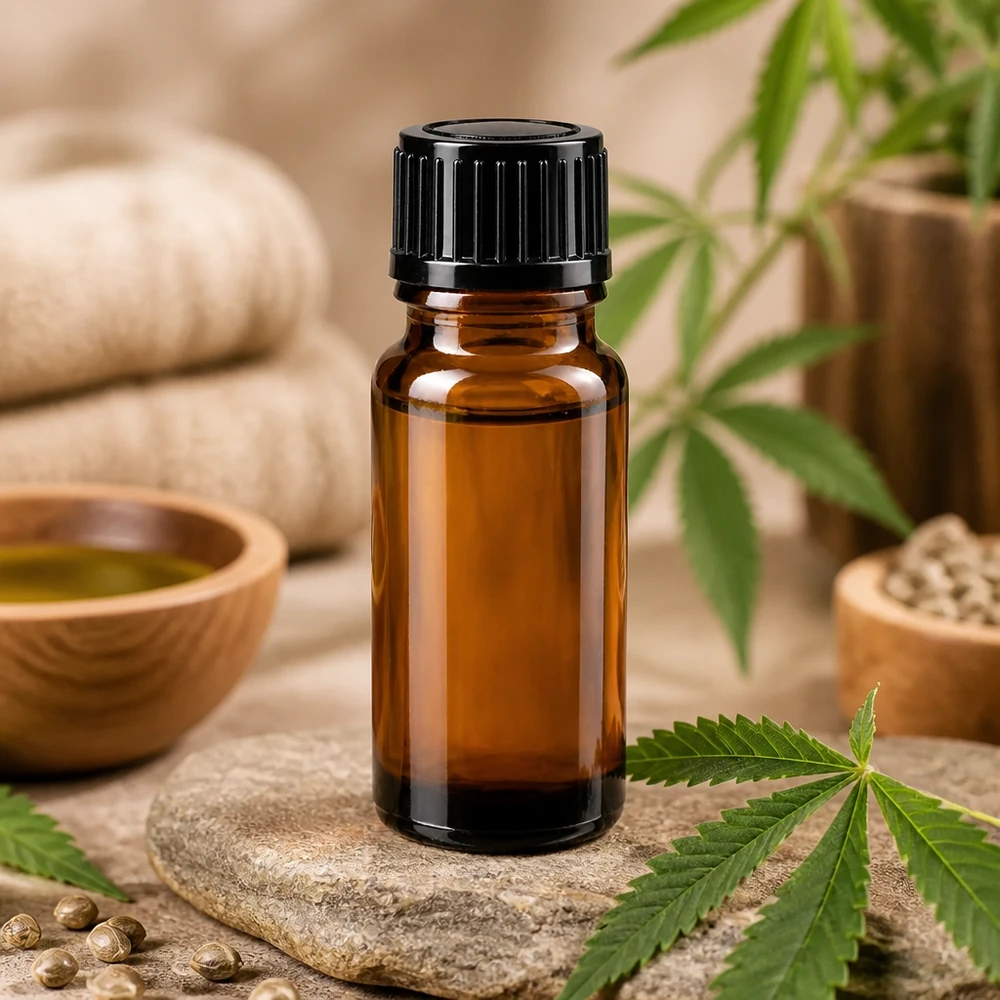 Bruine glazen fles van 10 ml met een zwarte doseerdop en houten schaaltjes met plantaardige olie