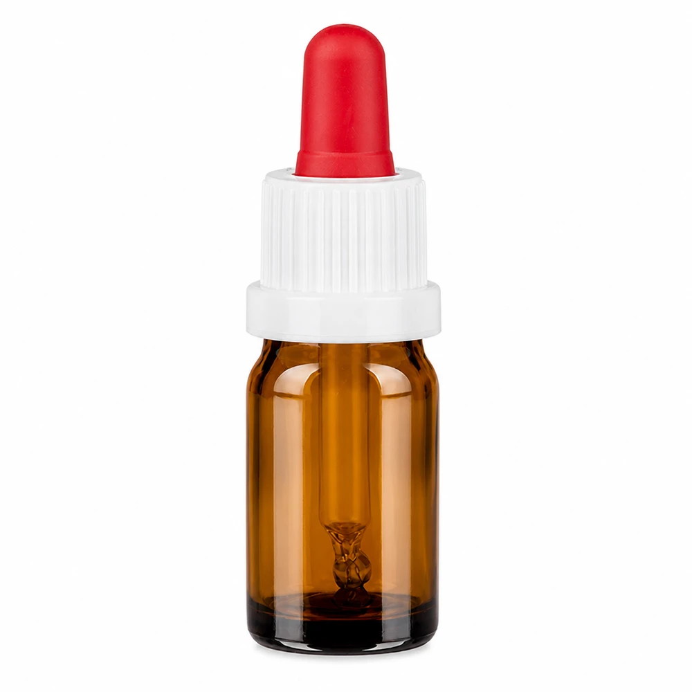 5ml pipetfles wit/rood OV BrownLine UT18/5 5 ml pipetflesje van amberkleurig glas met witte dop en rode pipet voor nauwkeurig doseren