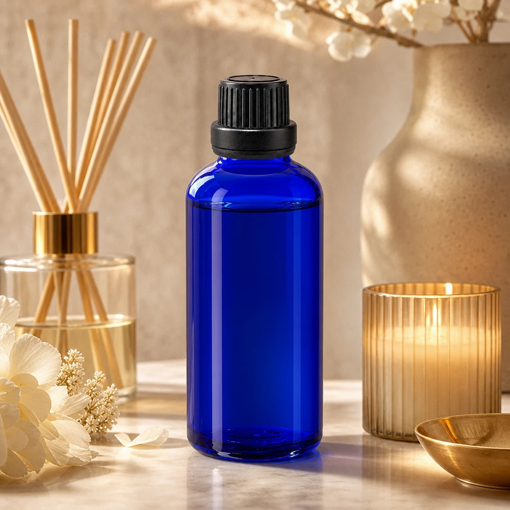 Blauwe apothekersfles van 50 ml met zwarte originaliteitssluiting in een elegante wellness-flatlay-opstelling