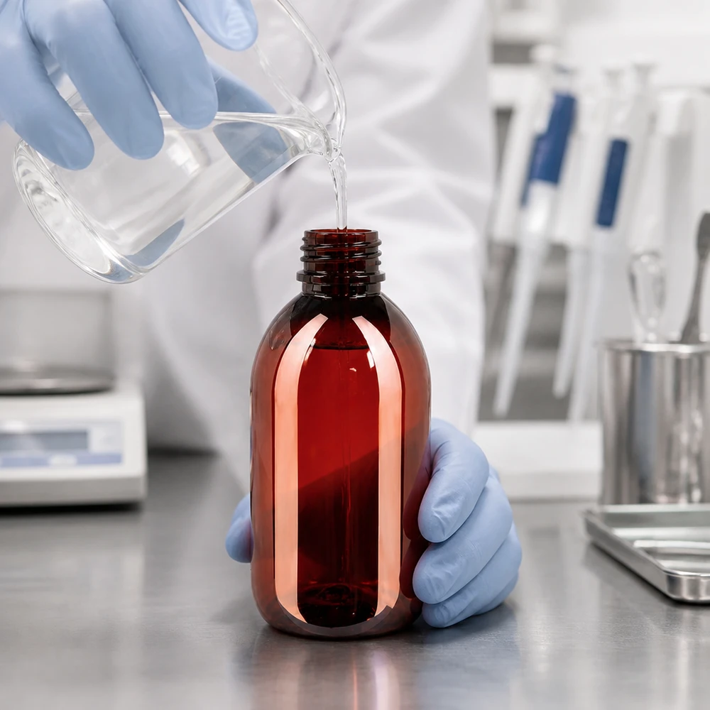 50 ml PET medicijnfles met verstuiver zwart GCMI 28/410 incl. dop transparant, standaard Braune PET Flasche 250ml mit Gewinde und Originalitätsverschluss beim professionellen Abfüllvorgang