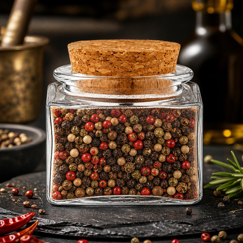 Kruiderpot-idee: Kurkfles Quadratus 40ml helder, opening 28 mm, met kurk Doorzichtig kruidenpotje Quadratus 40 ml met grote kurk, ideaal voor het bewaren van pepermengsels