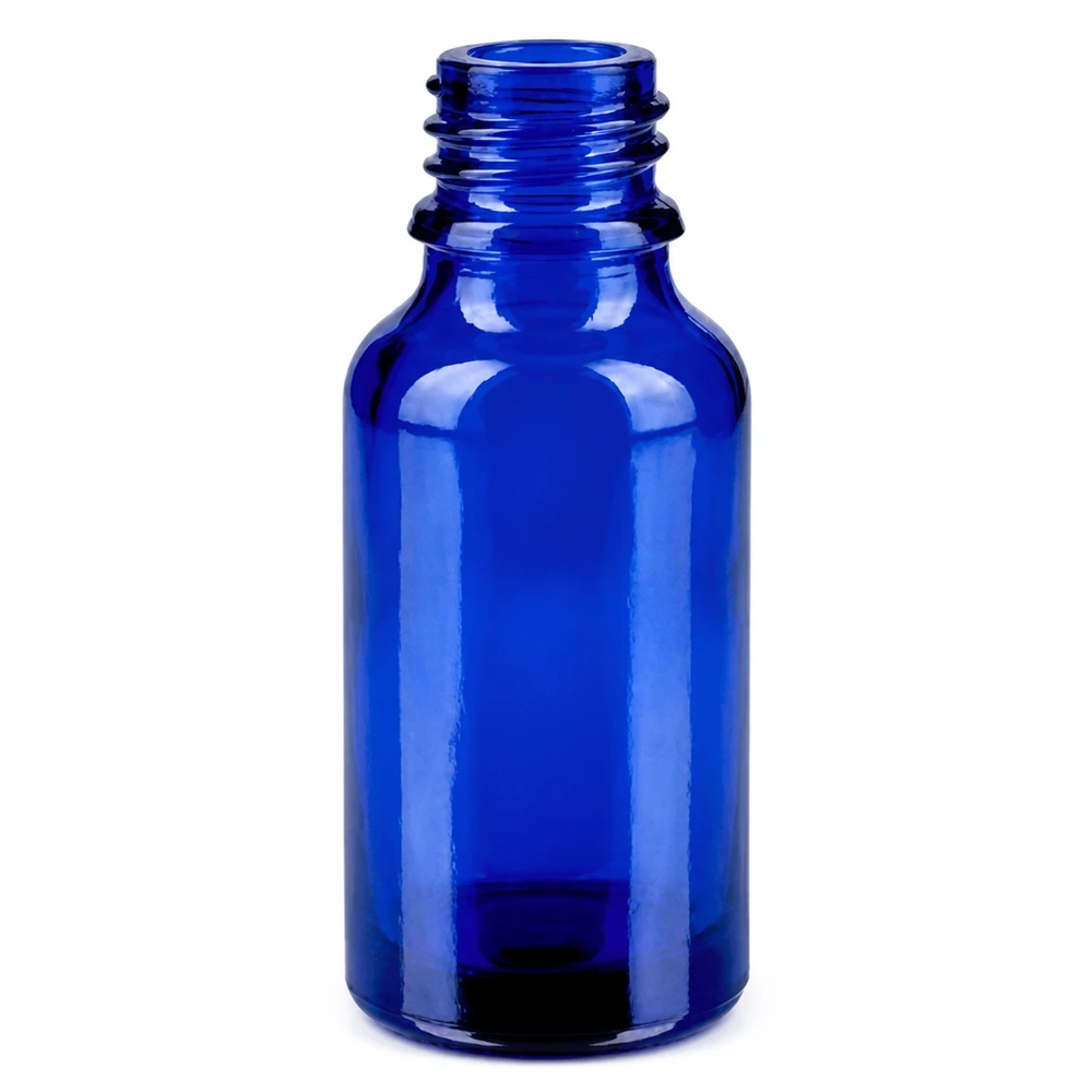 20ml spuitfles wit/tr. STD BlueLine UT18/20 Robuuste 20ml sprayflacon van UV-beschermend blauw glas met wijde hals
