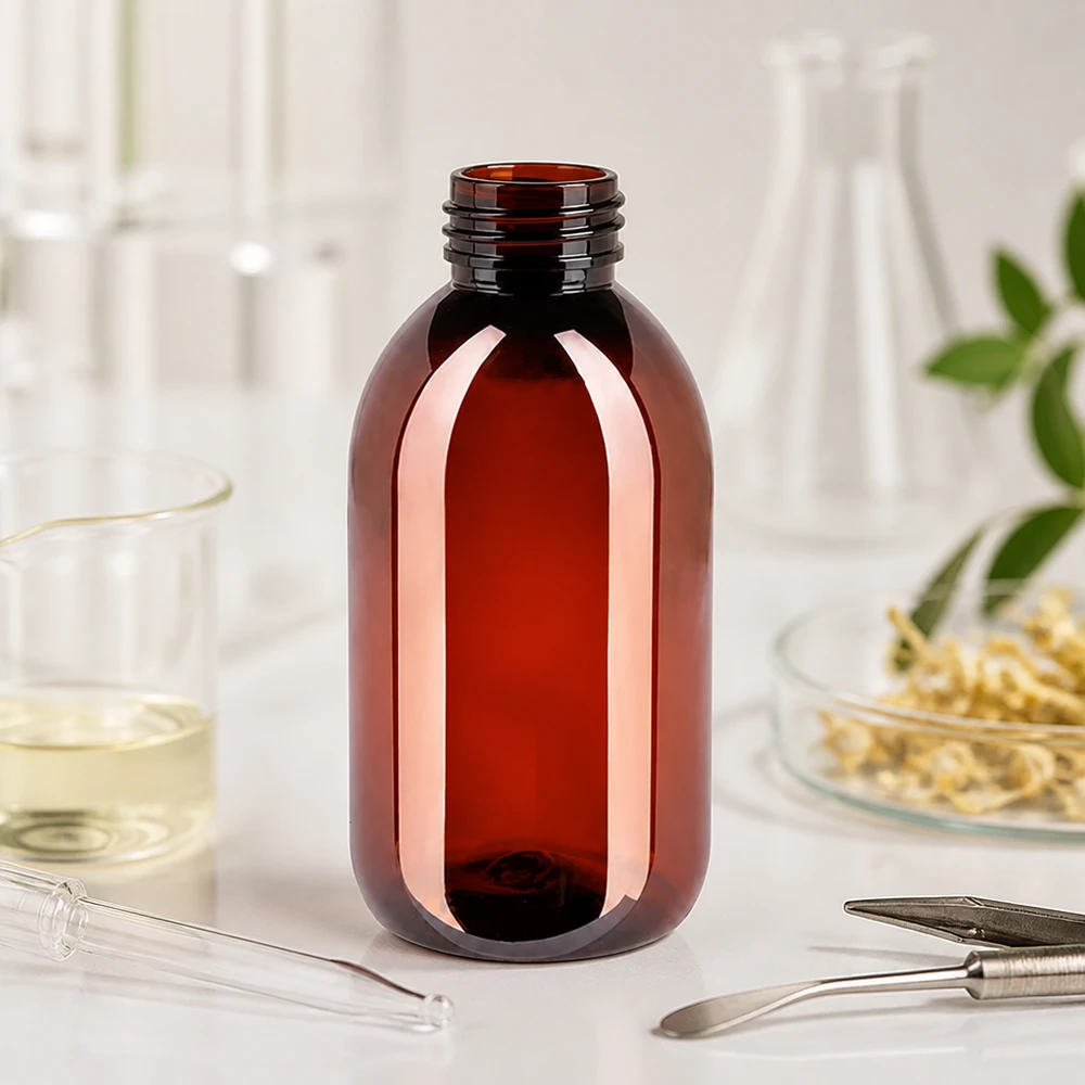 50 ml PET medicijnfles met verstuiver zwart GCMI 28/410 incl. dop transparant, standaard Slanke bruine kunststof fles van 250 ml met schroefdraad voor farmaceutische afvulling in het laboratorium