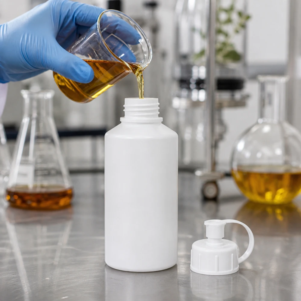 Farmaceutische doseerfles van 50 ml HDPE met geopende spuitdop, klaar om te worden gevuld
