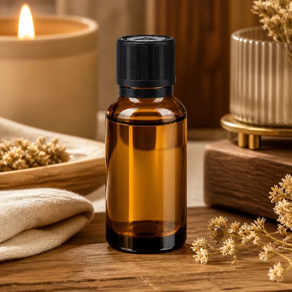 Druppelflesje van bruin glas van 20 ml voor aroma’s, met originaliteitssluiting en kinderveiligheid, in een spa-omgeving