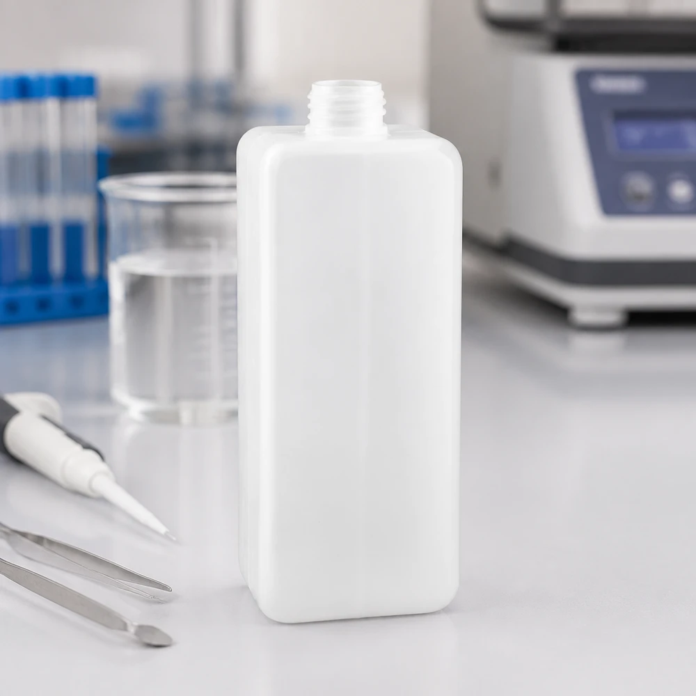 Chemicaliënfles 1000 ml, nauwe hals Doorschijnend witte PE-HD-fles met smalle hals, 1000 ml, GL 32, met reageerbuisjes en laboratoriumapparatuur op de achtergrond