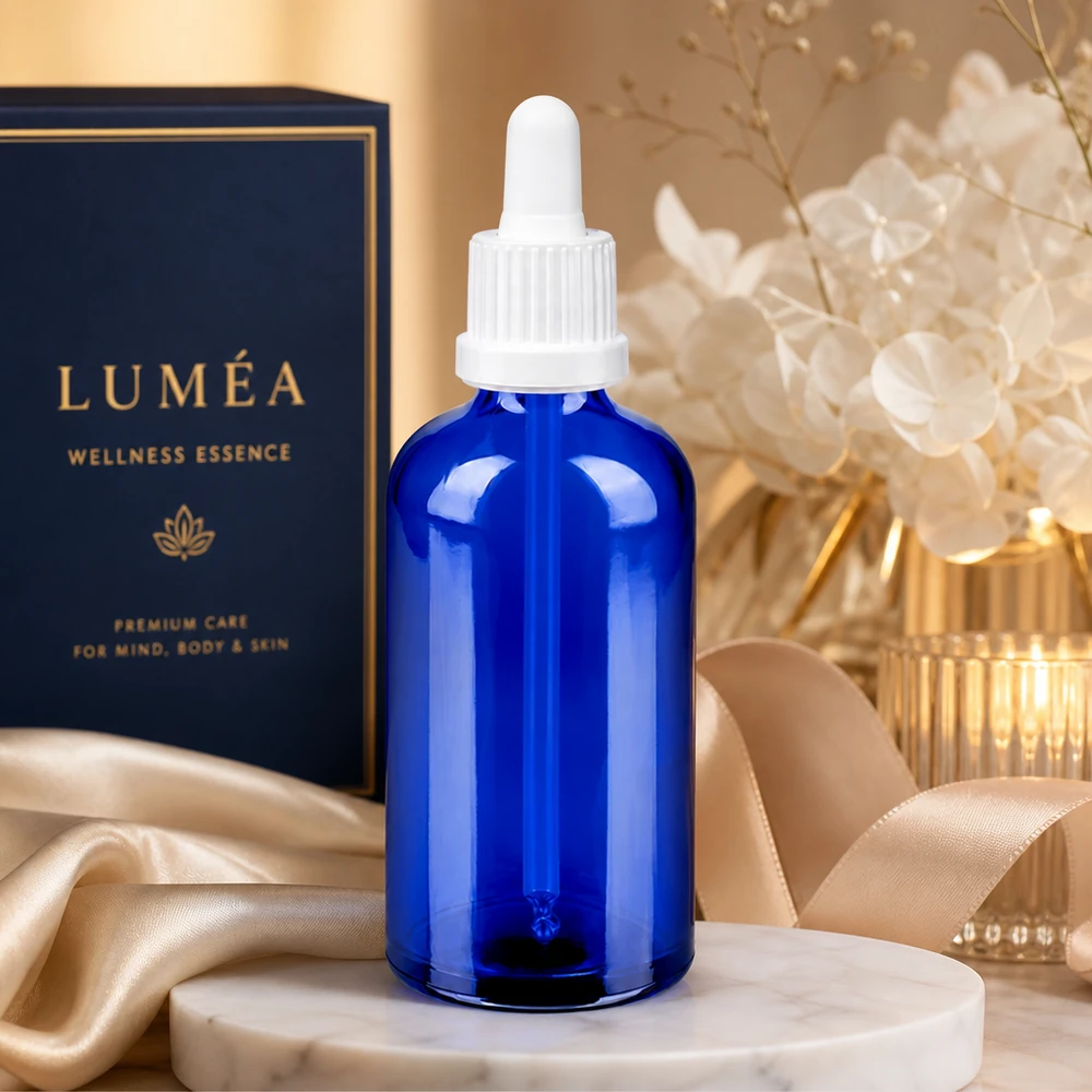 100ml pipetfles wit OV BlueLine UT18/100 Moderne blauwe glazen fles 100ml met kindveilige witte pipetdop BlueLine UT18/100