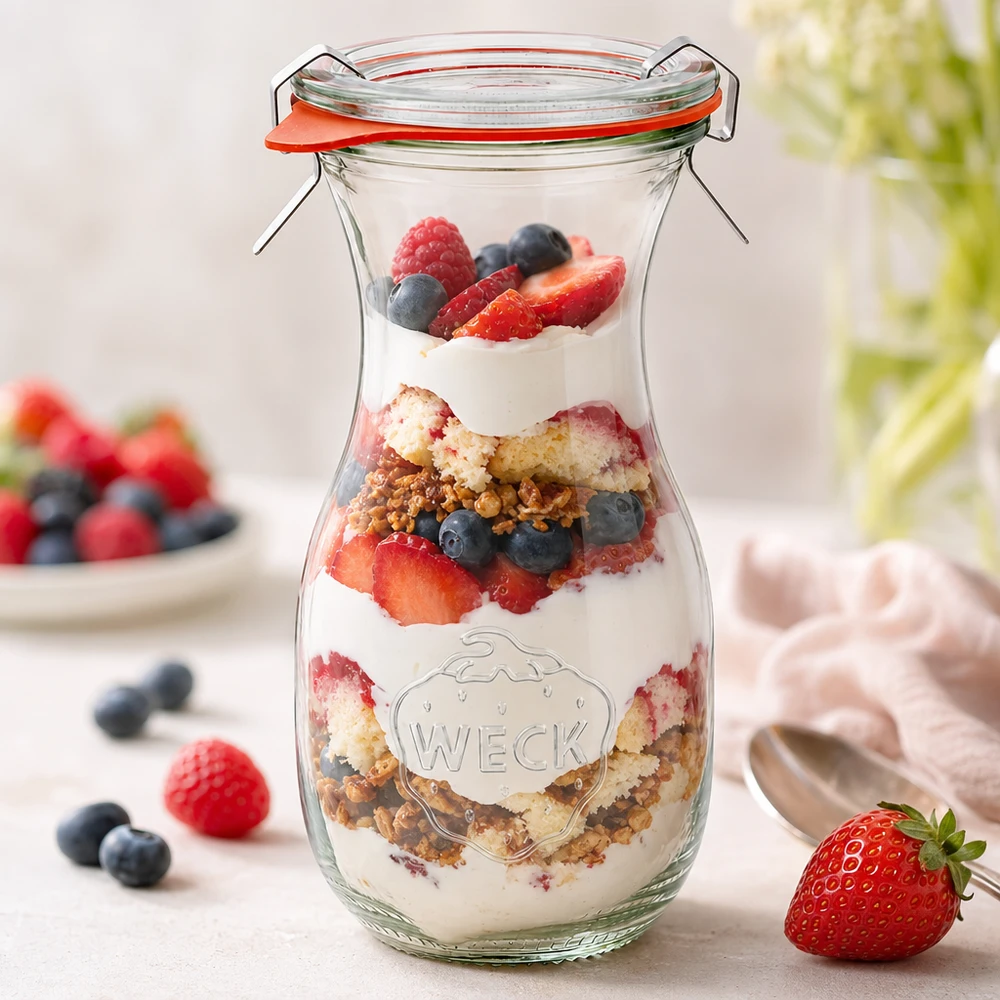 WECK sapfles 290ml RR60 met gelaagd dessert van yoghurt bessen en granola als creatief idee voor gebruik