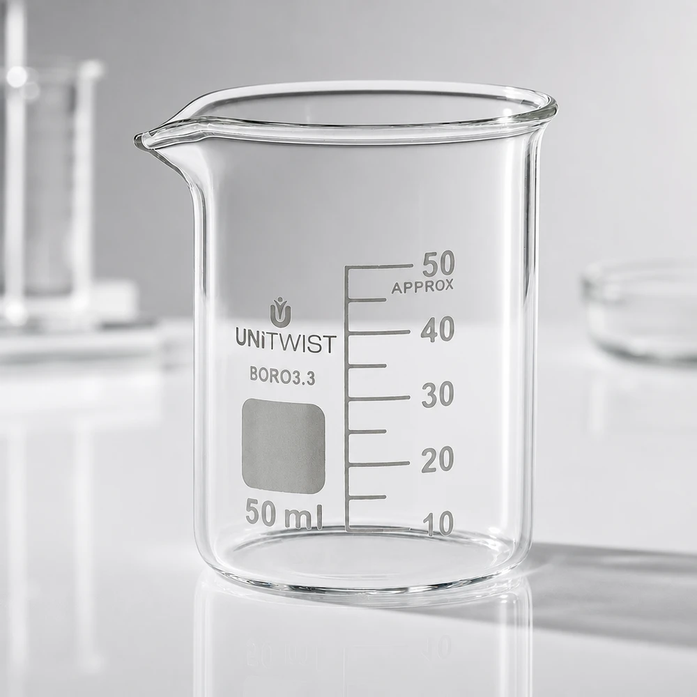 Beker 50ml borosilicaat, lage vorm UNiTWIST Becherglas 50 ml, lage vorm, vergelijking van afmetingen UNiTWIST BORO 3.3, compact ontwerp, laboratoriumglas