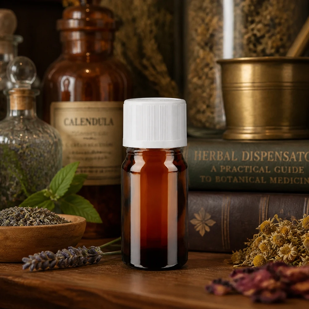 Een amberkleurig glazen flesje van 5 ml met een witte druppeldop in een natuurlijke kruidenapotheekomgeving