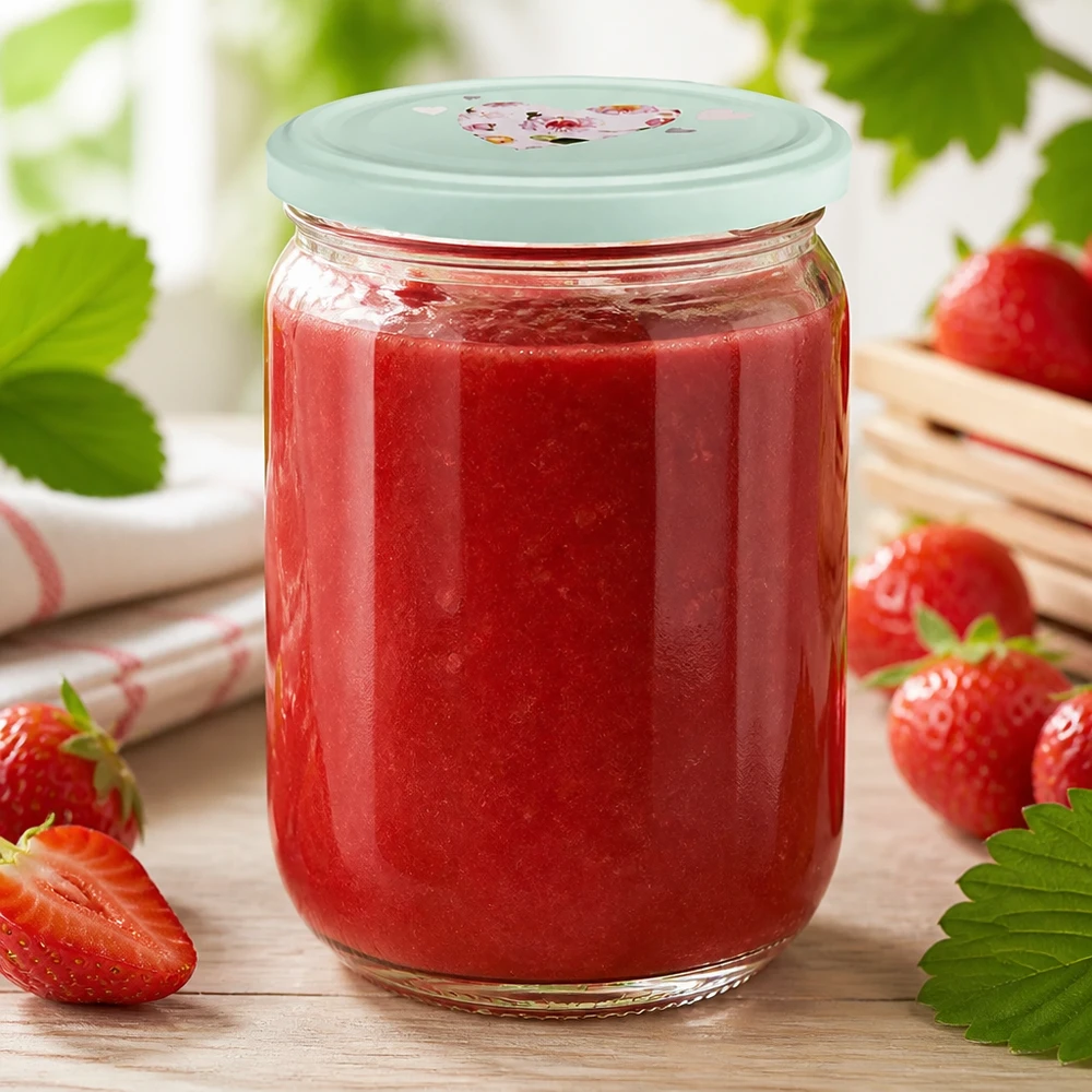 555 ml rond glas + BasicSeal-deksel hart mint UNiTWIST Een met fruit gevulde inmaakpot van 555 ml met een mintgroene deksel in de vorm van een hart en aardbeien op de achtergrond