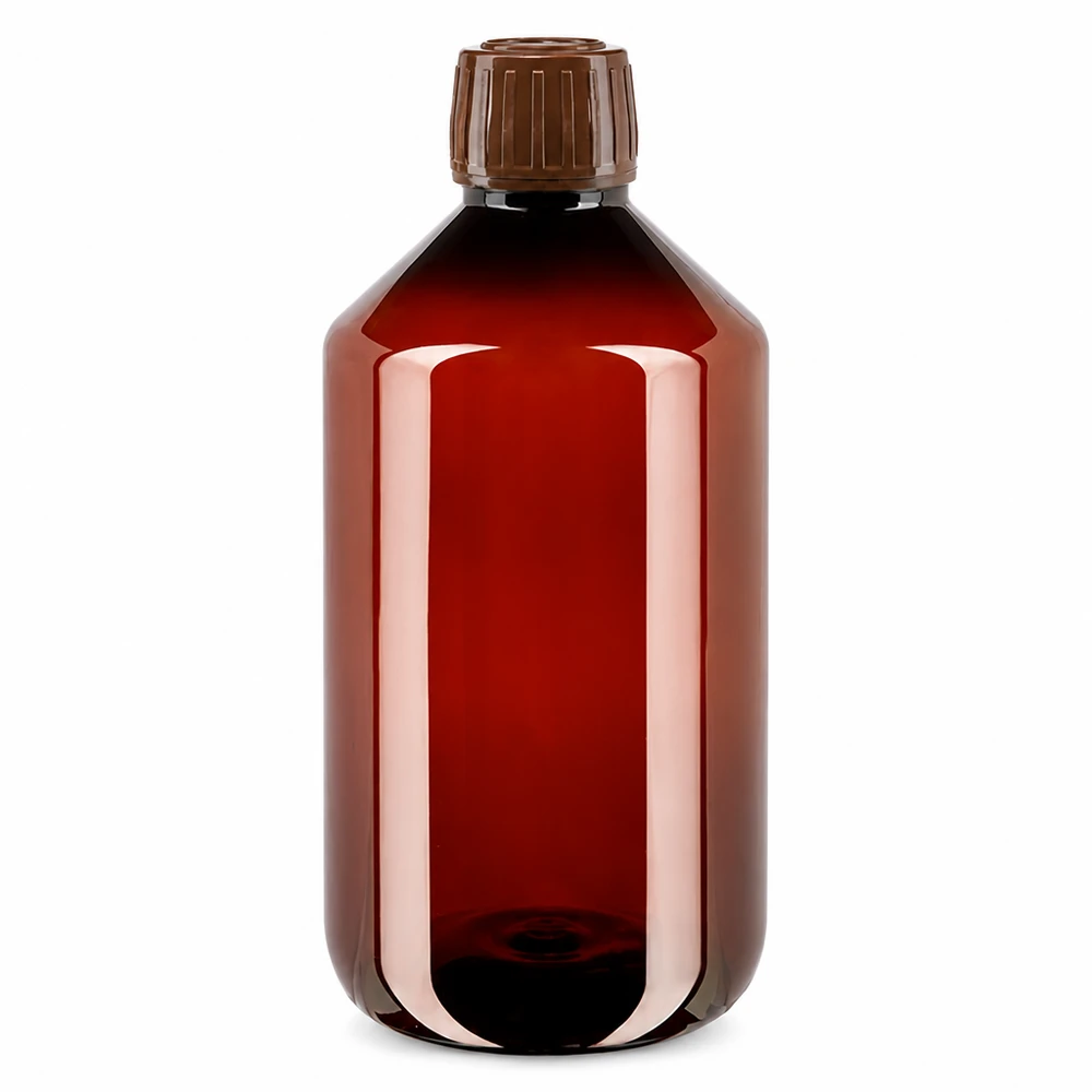 50 ml PET medicijnfles met verstuiver zwart GCMI 28/410 incl. dop transparant, standaard 500ml Pharmaflasche aus braunem PET Kunststoff mit braunem OV Verschluss