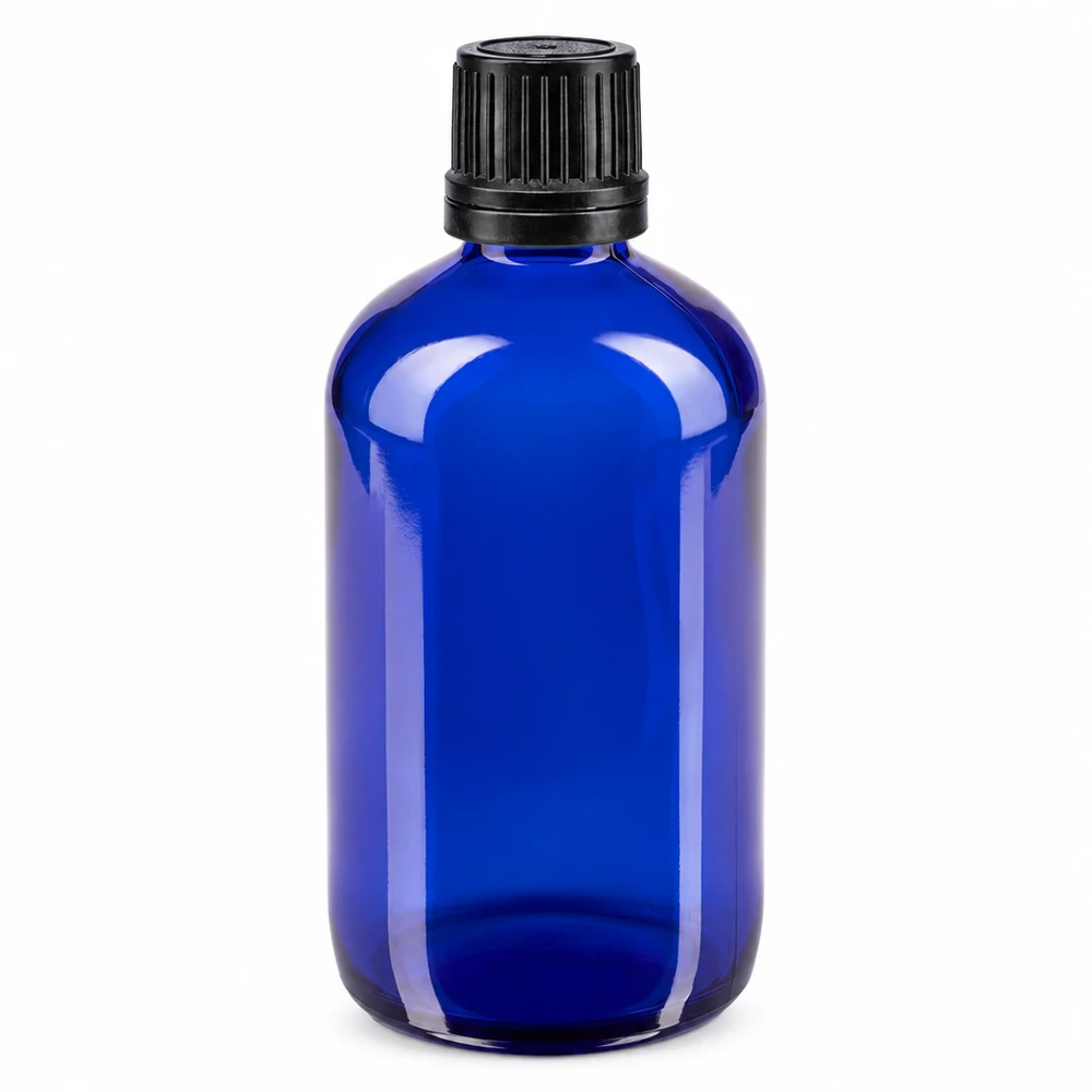 Blauwe glazen flessen 100ml met zwart schroefsluiting uitgietring VR Doorzichtige blauwe apothekersfles van 100 ml, van glas, met UV-bescherming en een zwarte dop van 8 mm