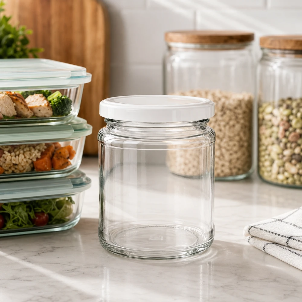 Lege ronde pot van 212 ml met BasicSeal deksel in een moderne keuken tussen maaltijddozen en voorraadpotten