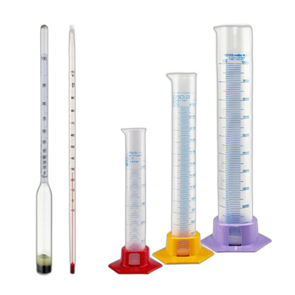 Maatcilinders, thermometers en alcoholmeters