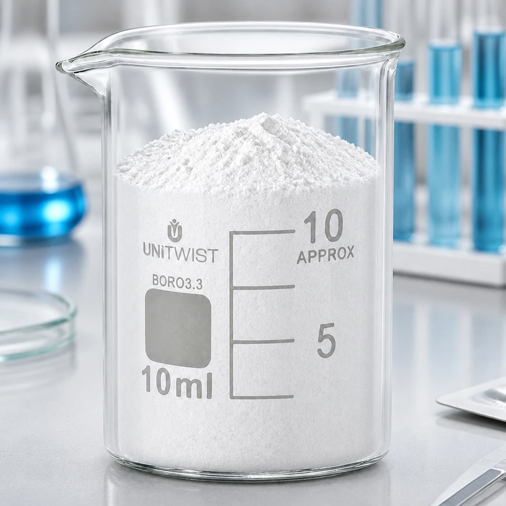 Doorzichtig bekerglas van 10 ml, borosilicaat, met wit laboratoriumpoeder op een lichte laboratoriumtafel