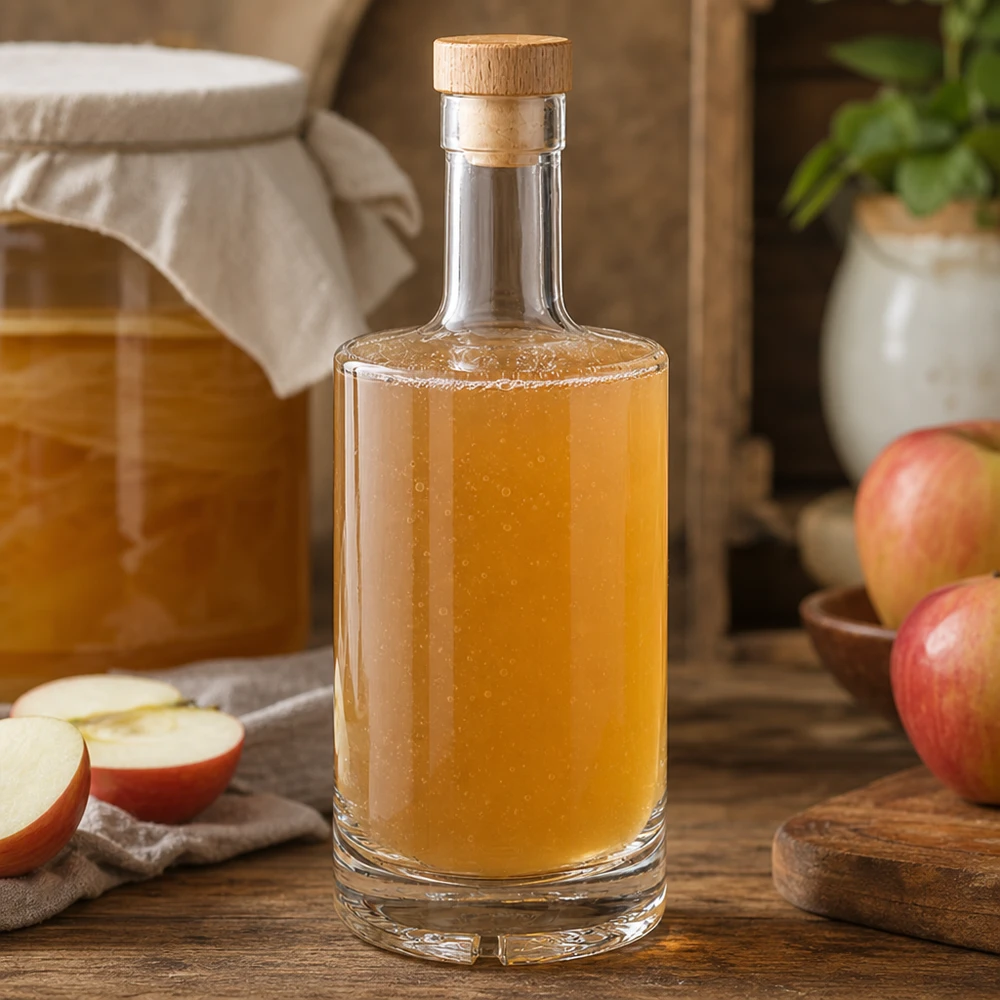 500ml Nora glazen fles gevuld met appelsap in rustieke keuken met appels en houten kurk UNiTWIST