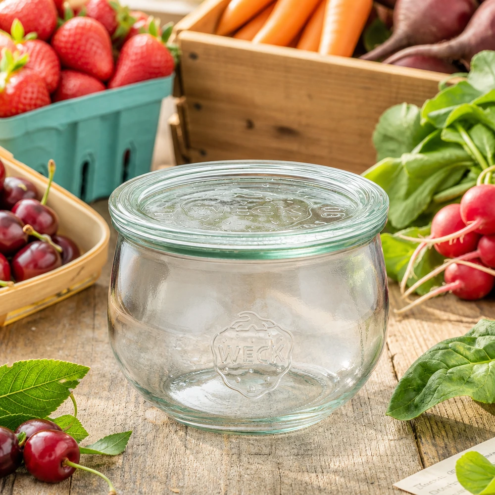 WECK tulpenpot 580ml RR100 met glazen deksel, gerangschikt tussen vers fruit en groenten op een rustieke houten tafel