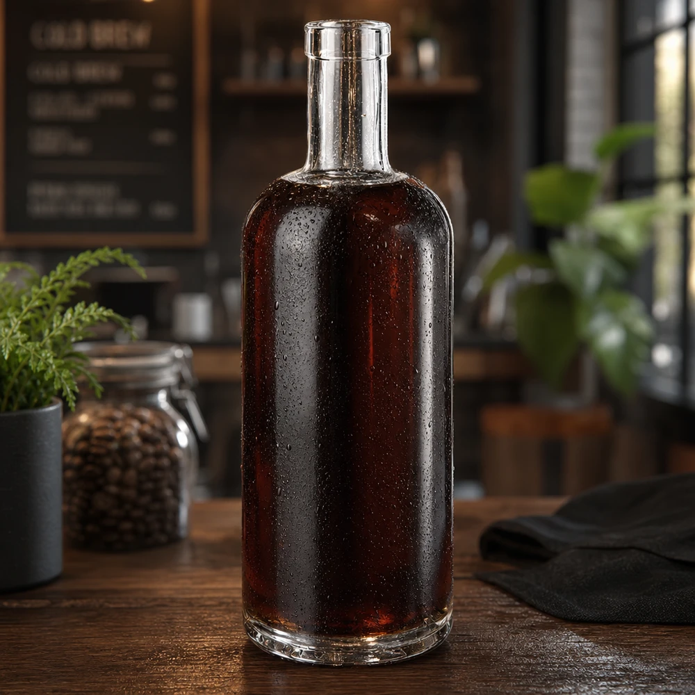 750 ml glazen fles Emma zonder sluiting UNiTWIST® 750 ml glazen Emma-fles gevuld met donkere whisky in een rustieke keuken met waterdruppels op het oppervlak