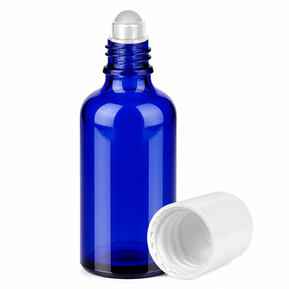 Professionele glazen fles 50ml met rollend kogelsysteem voor gelijkmatige productverdeling