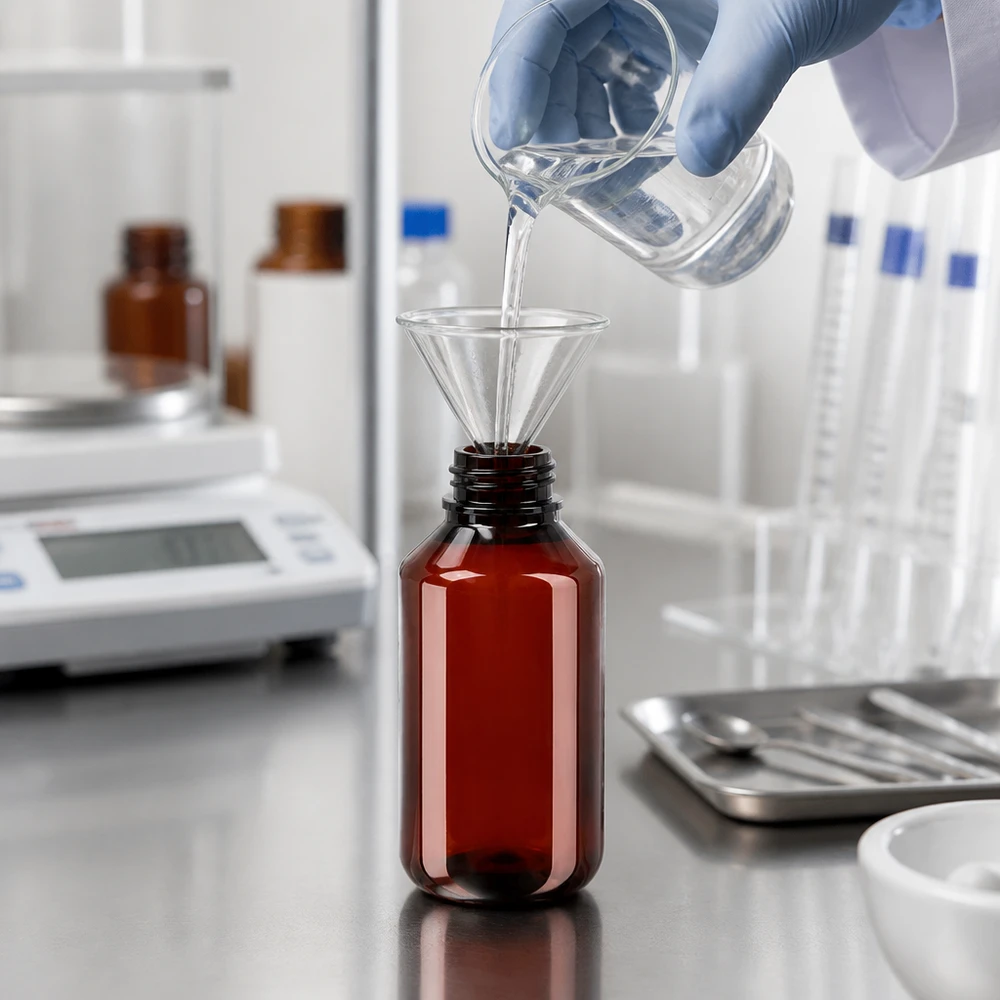 PET-fles 100ml met wit/rode dop OV Volledig conform de farmaceutische voorschriften: afvullen in een bruine PET-fles van 100 ml met UV-bescherming, inclusief glazen trechter en maatbeker