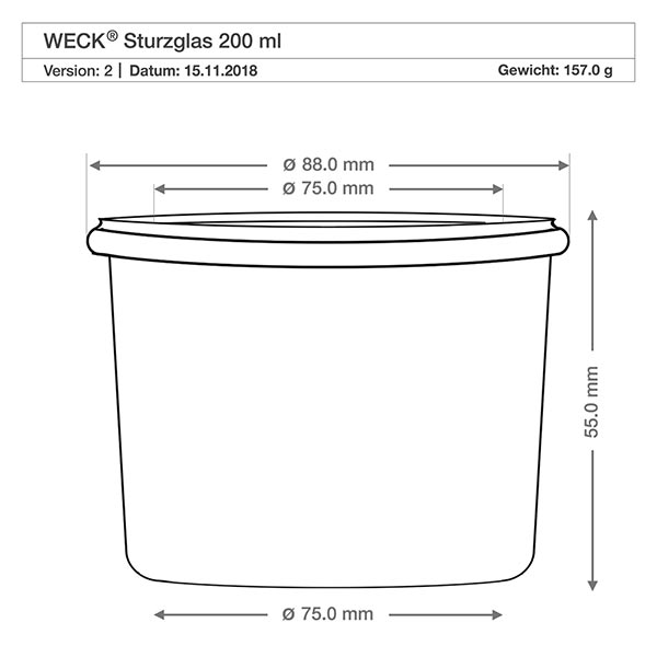 200ml stortglas met vershouddeksel WECK RR80 Technische tekening WECK beker 200ml RR80 met afmetingen 88mm diameter, 55mm hoogte, gewicht 157g