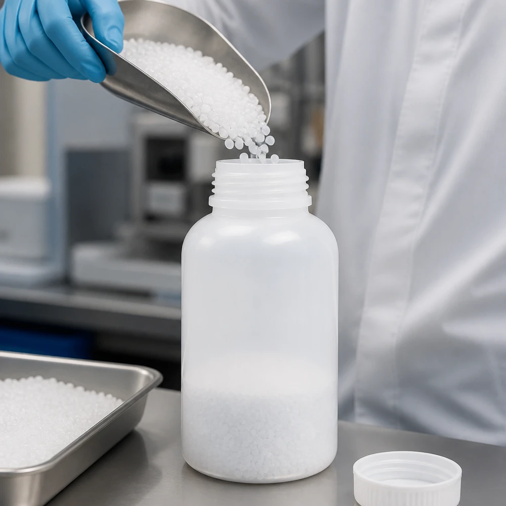 Doorzichtige laboratoriumfles van 500 ml met wijde hals en schroefdop wordt gevuld met kralen