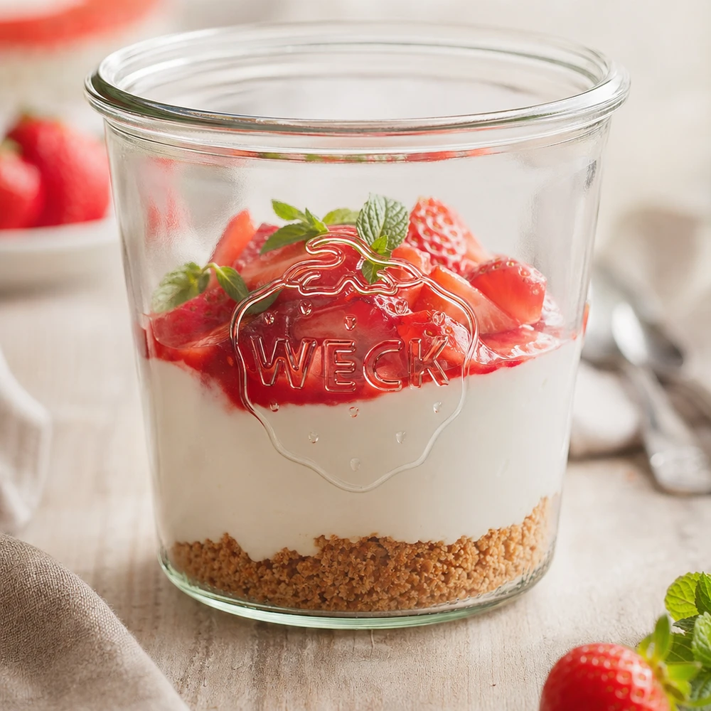 WECK 580ml RR100 bekers gevuld met aardbeien en yoghurt als dessert in een pot op een houten tafel