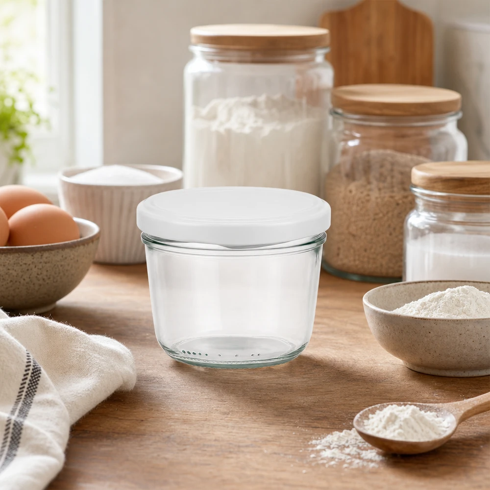 230 ml lege bekers met wit BasicSeal deksel in moderne keukens tussen bakingrediënten en voorraadpotten