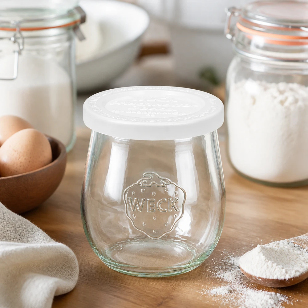 Tulpenpot van 220 ml met vershouddeksel WECK RR60 WECK tulp pot 220ml RR60 in bakkeuken met bloem en eieren - inmaak pot voor bakken en keuken opslag