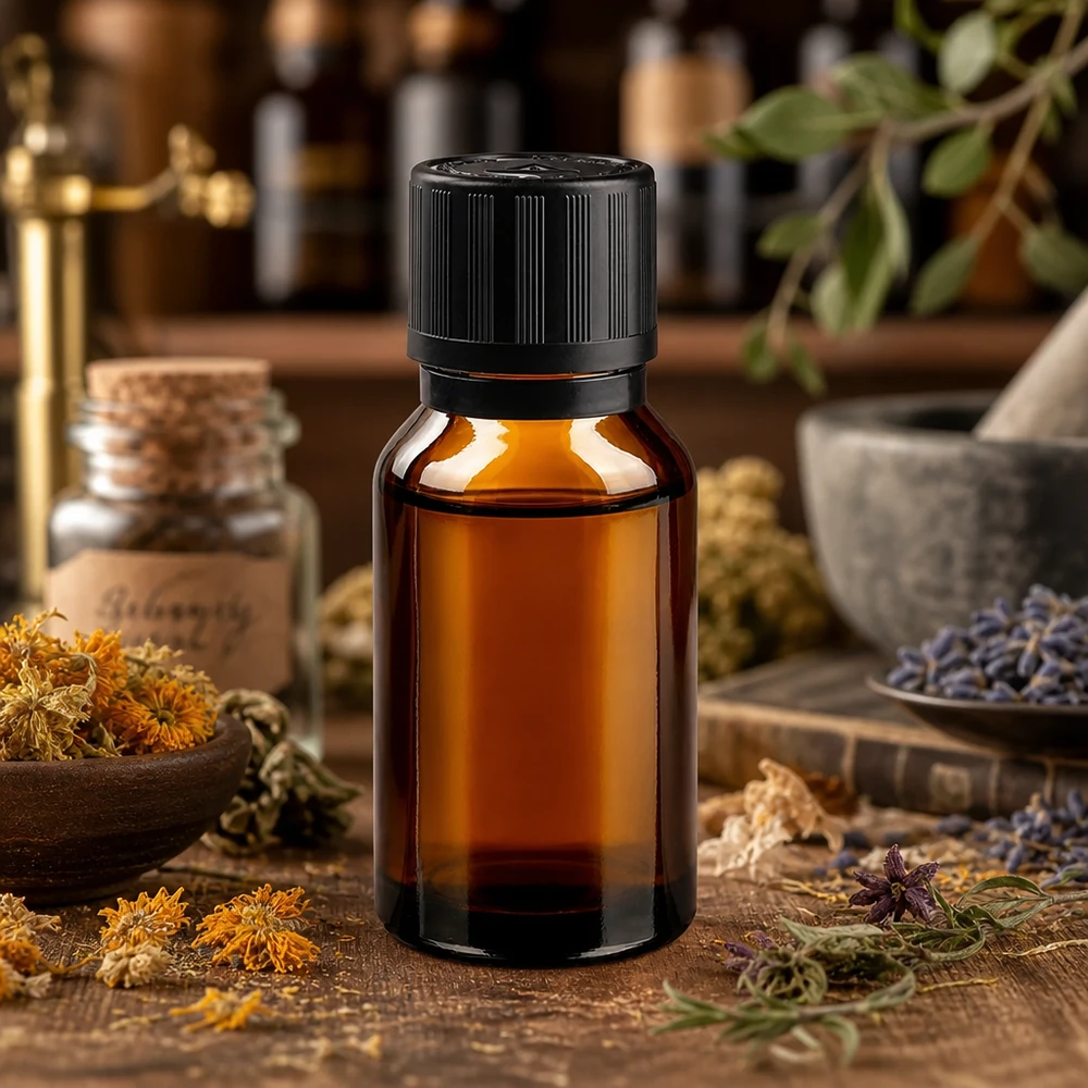 Bruine glazen fles 15ml met zwart druppelsluiting 1mm kinderslot Bliw. VR Compacte druppelfles van 15 ml, gemaakt van bruin glas met UV-bescherming en voorzien van een zwarte veiligheidsdop