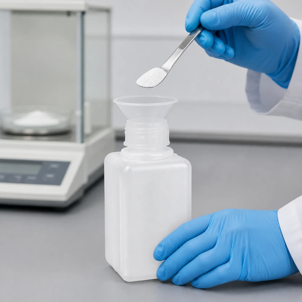 Chemicaliënfles 50 ml, nauwe hals, incl. sluiting GL 18 Chemieflesje van 50 ml, PE-HD, smalle hals, naturel, met laboratoriumtrechter en precisieweegschaal op de achtergrond