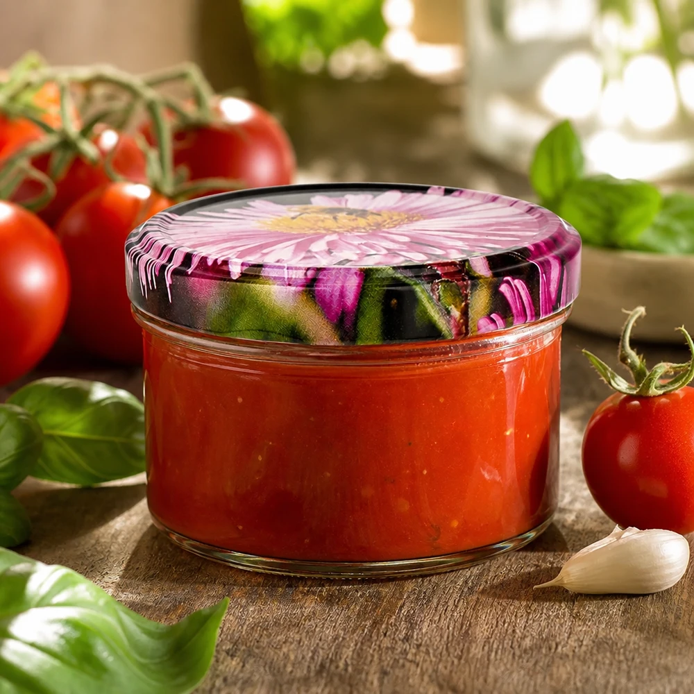 Rond glas van 186 ml + BasicSeal-deksel 'Blüte' UNiTWIST UNiTWIST ronde glazen pot van 186 ml met een kleurrijk bloemendeksel van BasicSeal, naast tomaten, basilicum en knoflook