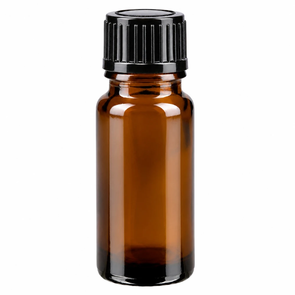Medicijnflesje van 10 ml van bruin apothekersglas met een zwarte druppelinzet van 1 mm (STD)