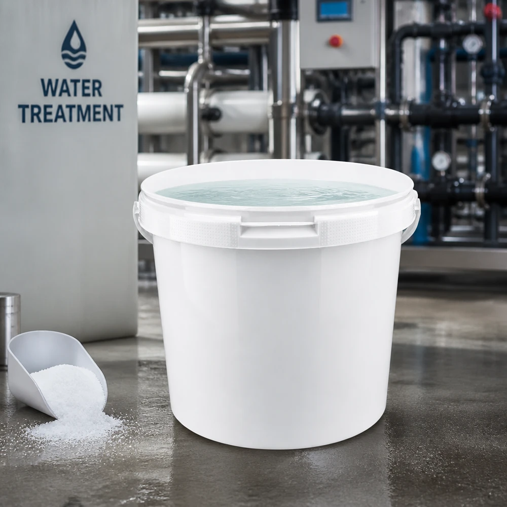 Stevige industriële emmer van 5,6 l, gemaakt van wit PP-kunststof, zonder deksel, voor waterchemie