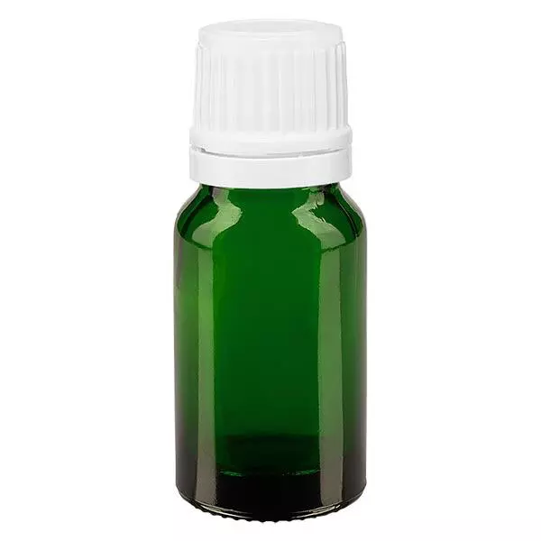 Groenen glazen flessen 10ml met wit druppelsluiting 1.2mm VR Groenen glazen flessen 10ml met wit druppelsluiting 1.2mm VR
