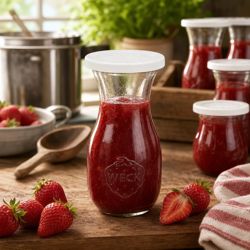 WECK 290ml sapfles gevuld met rode aardbeienjam omringd door verse aardbeien op een houten tafel