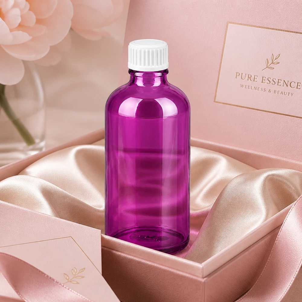 Hoogwaardige glazen fles van 100 ml in paars met witte dop voor exclusieve schoonheidsformules
