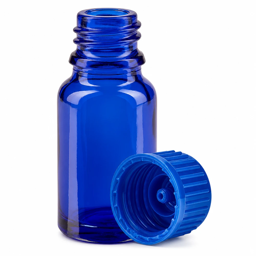 10ml fles 11mm SV blauw STD BlueLine UT18/10 Klein blauw glazen flesje van 10 ml met plastic dop voor aromatherapie en natuurlijke cosmetica