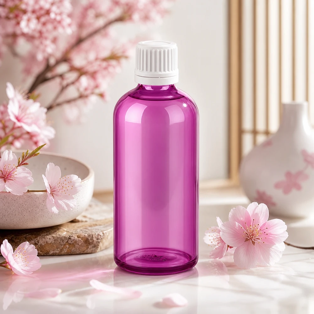 Stijlvolle 100 ml fles in paarse look met strakke witte dop voor hoogwaardige verzorgingsproducten
