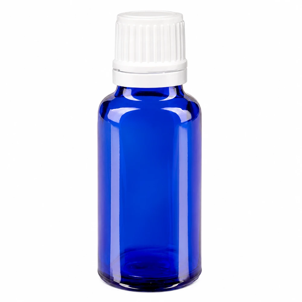 Blauwe glazen flessen 20ml met wit druppelsluiting 1.2mm VR Kobaltblauw apothekersflesje van 20 ml, van borosilicaatglas, met een nauwkeurige druppelaar van 0,7 mm, OV wit