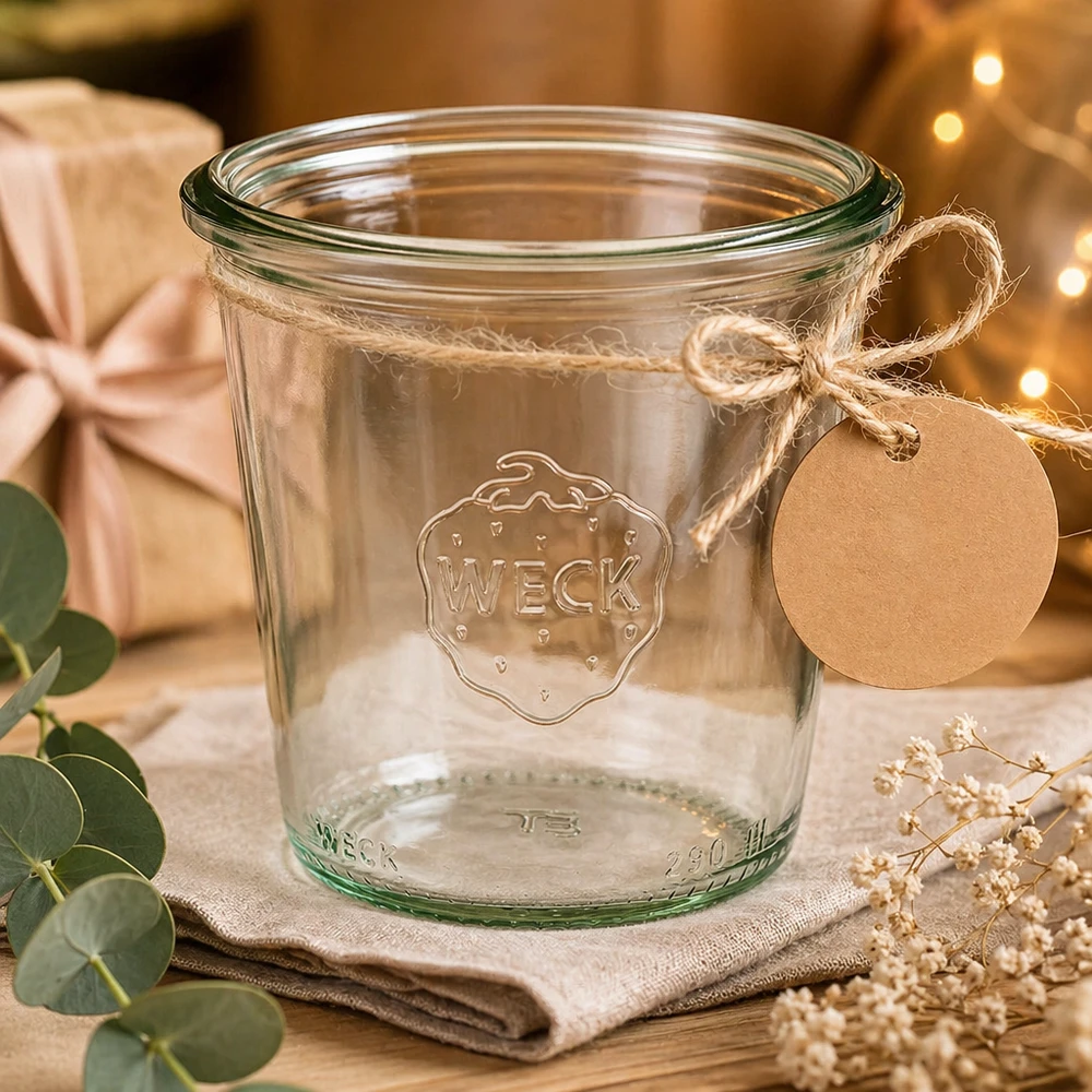 WECK bekers 290ml RR80 hoog met deksel en cadeaulabel gedecoreerd op een rustieke houten tafel