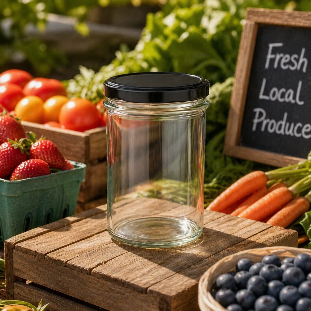 230ml mason jar met zwart BasicSeal deksel tussen verse fruitgroenten op houten tafel Boerenmarktscène