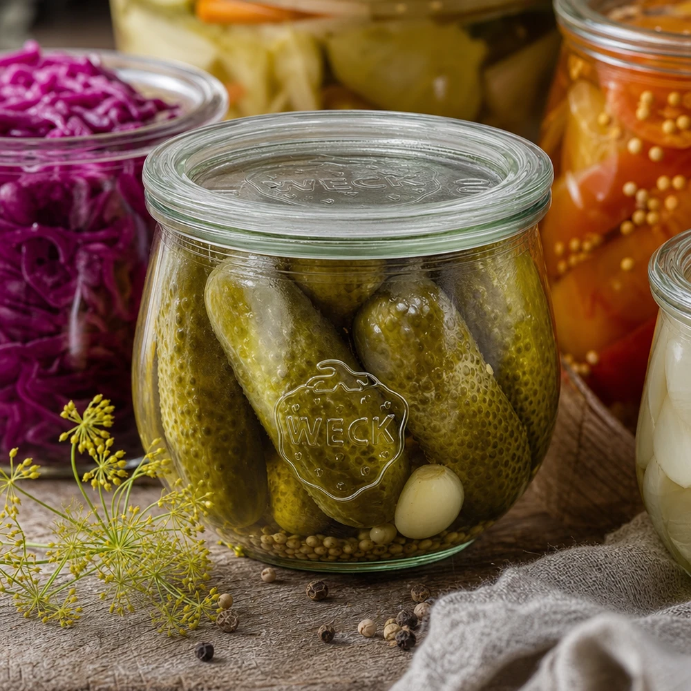 WECK tulpenpot 580ml RR100 met ingemaakte augurken en kruiden tussen gefermenteerde groenten en kruiden
