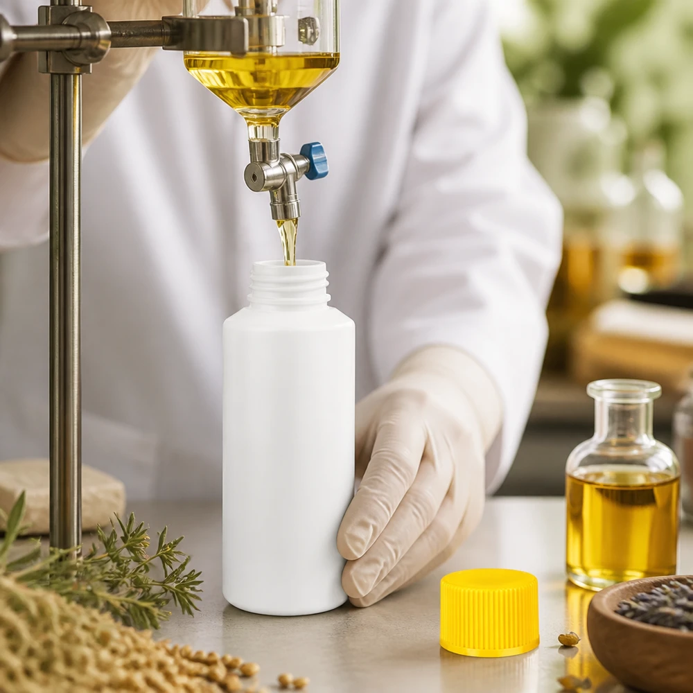 Witte farmaceutische fles van 30 ml, gemaakt van HDPE, met een gele kindveilige dop en natuurlijke ingrediënten
