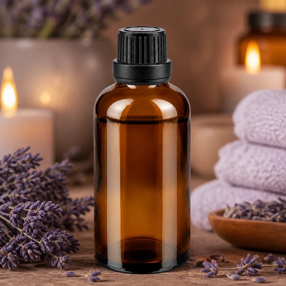 Apothekersflesje van 50 ml, bruin, UV-bestendig glas met zwarte originaliteitssluiting